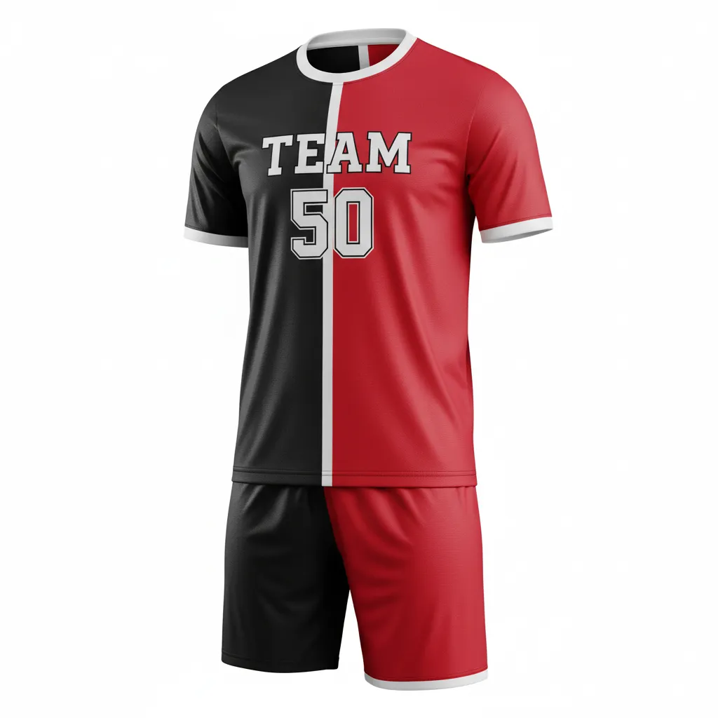 Custom Soccer Reversible Soccer Uniform - Black, Red - Split Halves - Front View - Kinexa Sportswear