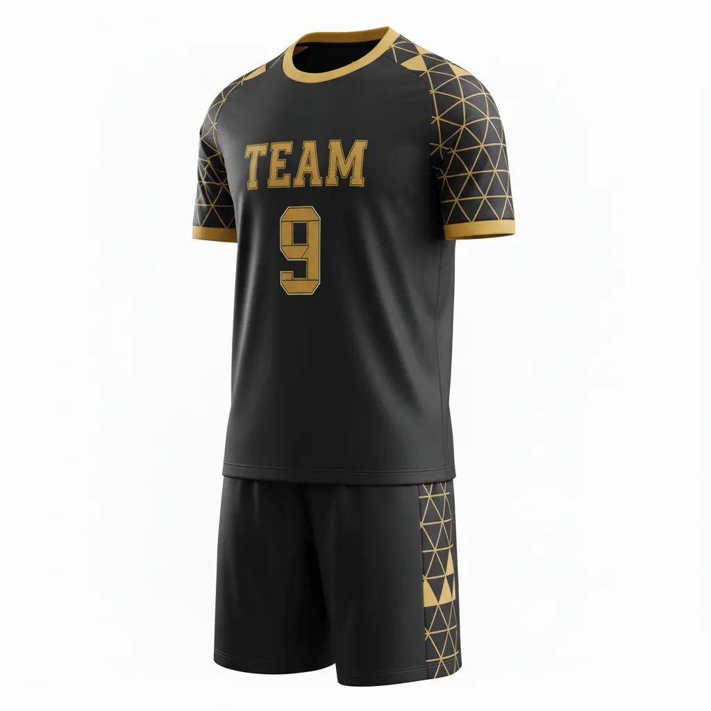 Custom Soccer Reversible Soccer Uniform - Black, Gold - Vegas Geometric - Front View - Kinexa Sportswear