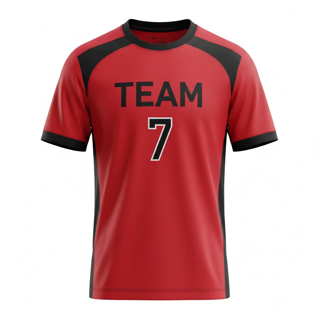 Custom Soccer Round Neck Soccer Jersey - Red, Black - Athletic Shoulder Panels - Front View - Kinexa Sportswear