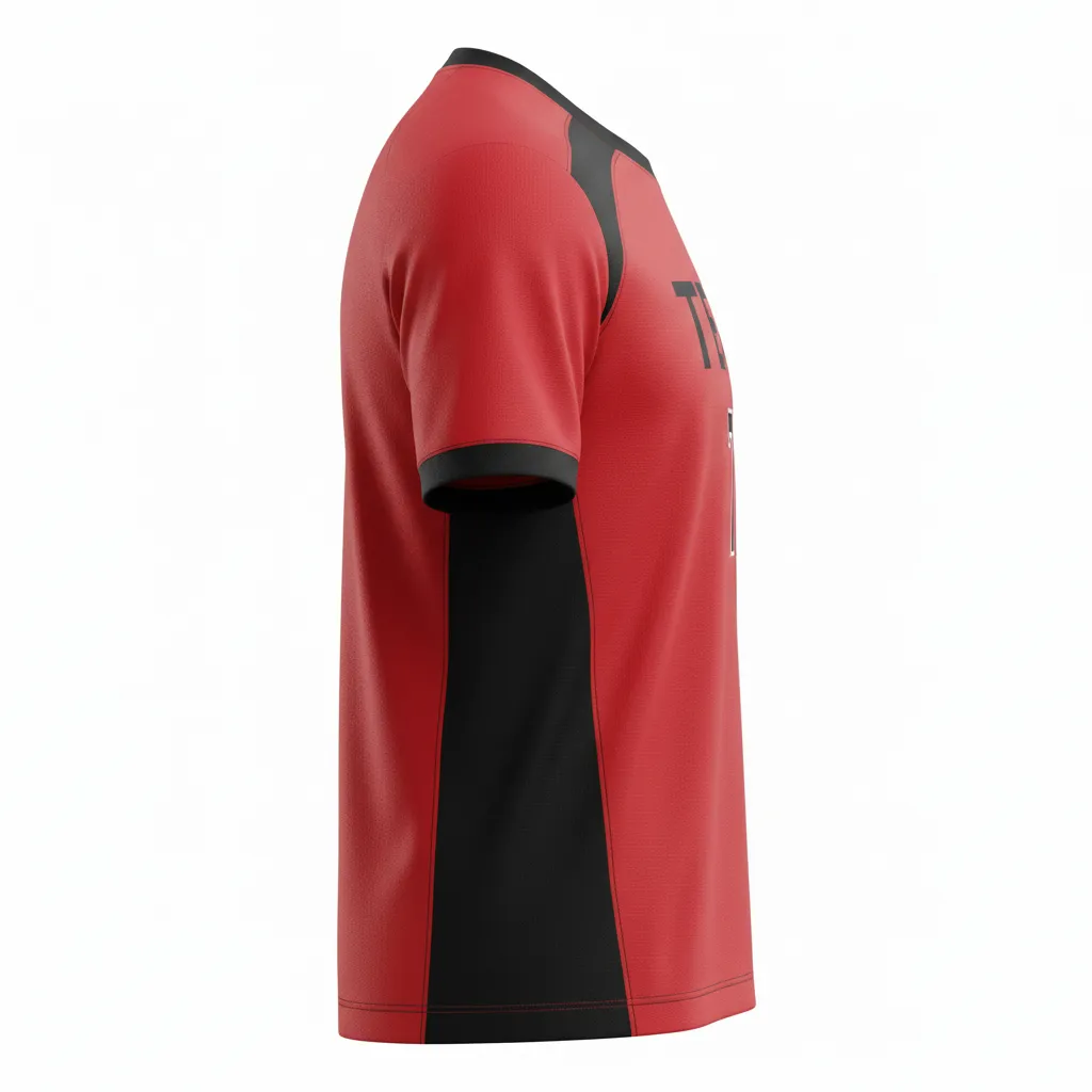 Custom Soccer Round Neck Soccer Jersey - Red, Black - Athletic Shoulder Panels - Side View - Kinexa Sportswear