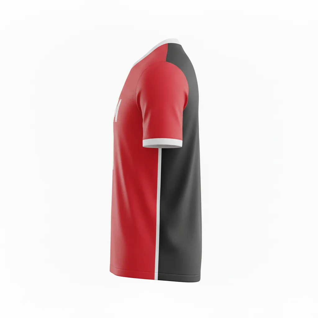Custom Soccer Round Neck Soccer Jersey - Black, Red, White - Split - Side View - Kinexa Sportswear