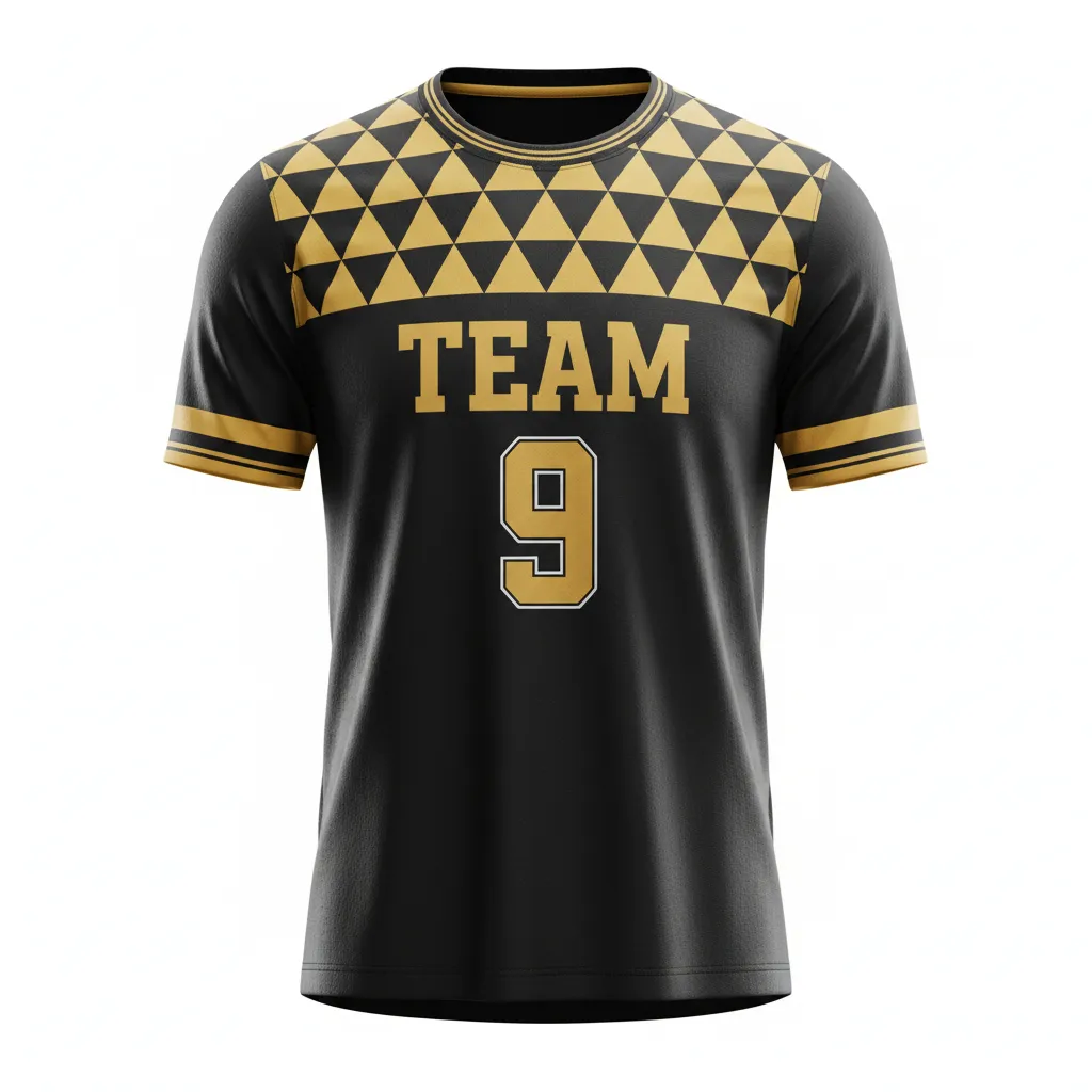 Custom Soccer Round Neck Soccer Jersey - Black, Gold - Vegas Geometric - Front View - Kinexa Sportswear