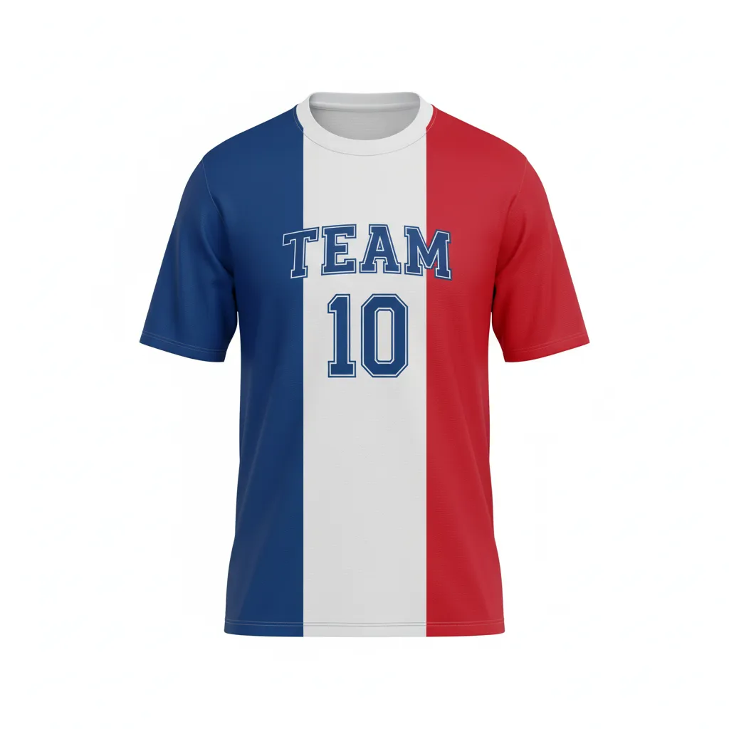 Custom Soccer Round Neck Soccer Jersey - Blue, White, Red - French - Front View - Kinexa Sportswear