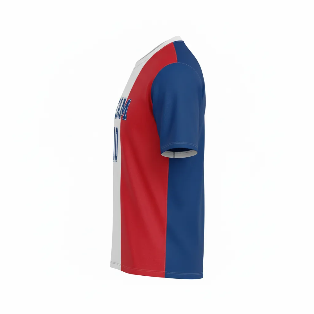 Custom Soccer Round Neck Soccer Jersey - Blue, White, Red - French - Side View - Kinexa Sportswear