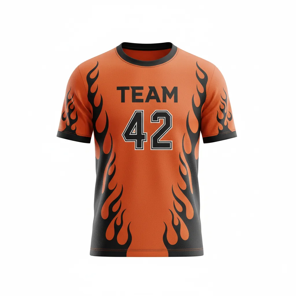 Custom Soccer Round Neck Soccer Jersey - Burnt, Orange, Black - Flame - Front View - Kinexa Sportswear