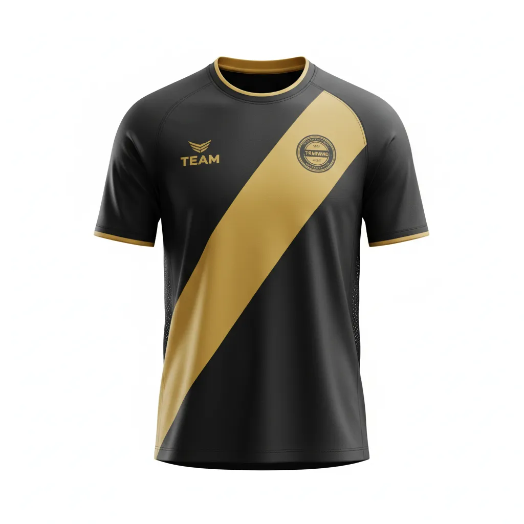 Custom Soccer Short Sleeve Training Shirt - Black, Gold - Vegas Diagonal Sash - Front View - Kinexa Sportswear