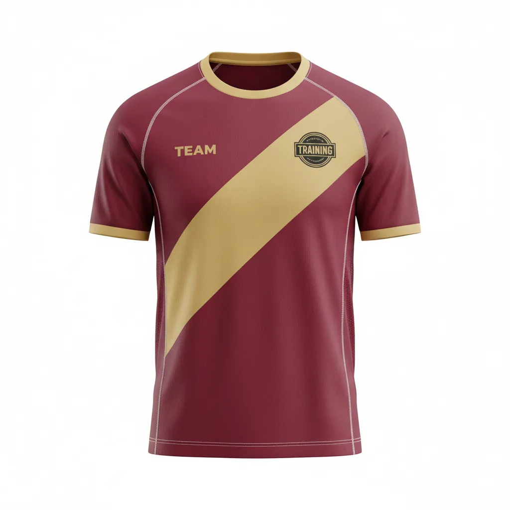 Custom Soccer Short Sleeve Training Shirt - Burgundy, Gold - Diagonal Sash - Front View - Kinexa Sportswear