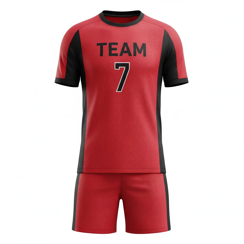 Custom Soccer Standard Soccer Uniform - Red, Black - Athletic Shoulder Panels - Front View - Kinexa Sportswear