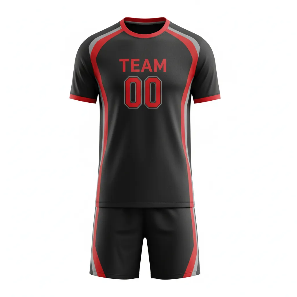 Custom Soccer Standard Soccer Uniform - Black, Red, Grey - Modern Tech - Front View - Kinexa Sportswear