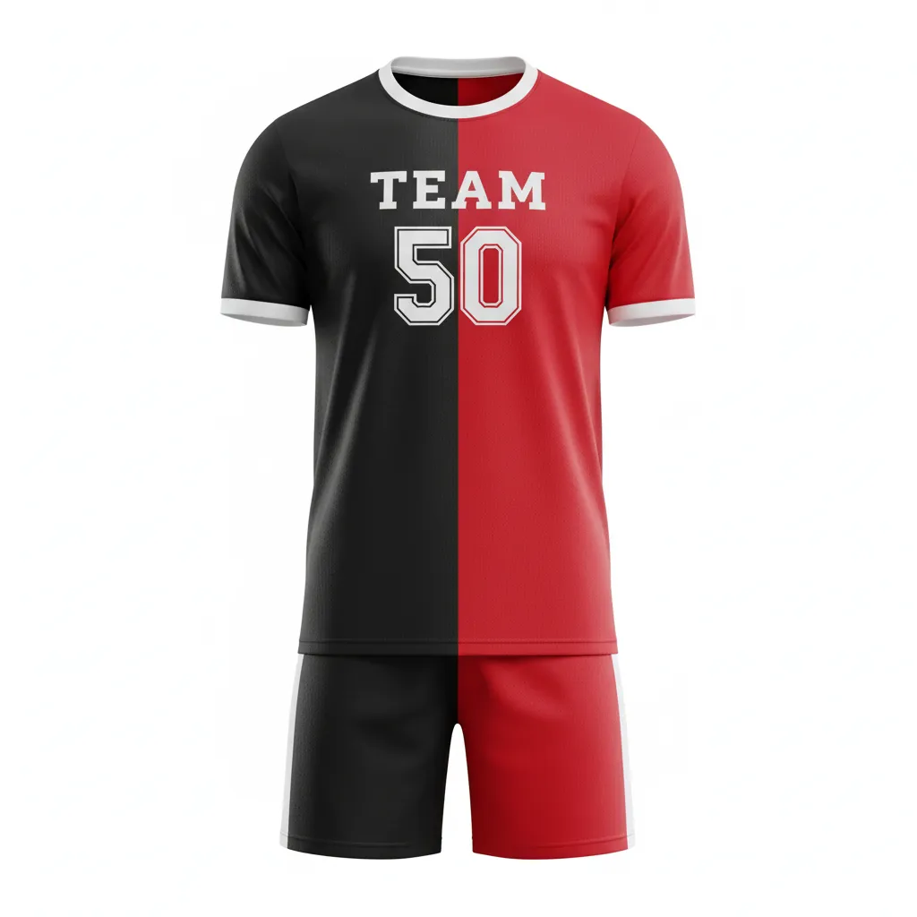 Custom Soccer Standard Soccer Uniform - Black, Red, White - Split Design - Front View - Kinexa Sportswear