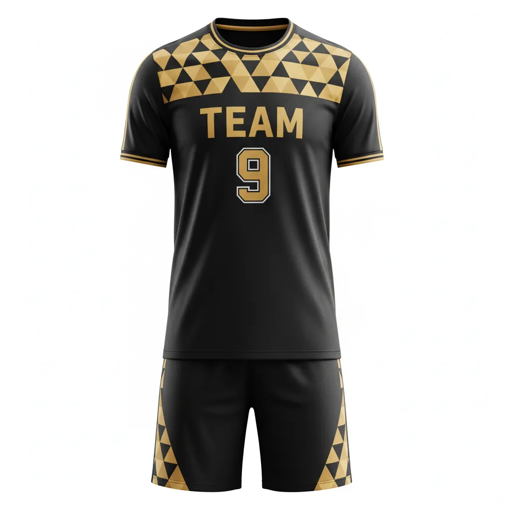 Custom Soccer Standard Soccer Uniform - Black, Gold - Vegas Geometric Triangles - Front View - Kinexa Sportswear