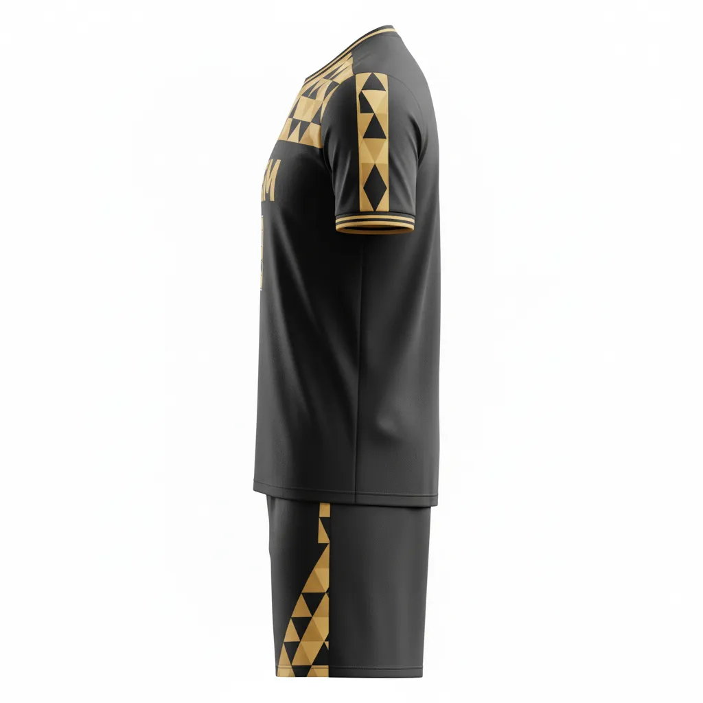 Custom Soccer Standard Soccer Uniform - Black, Gold - Vegas Geometric Triangles - Side View - Kinexa Sportswear