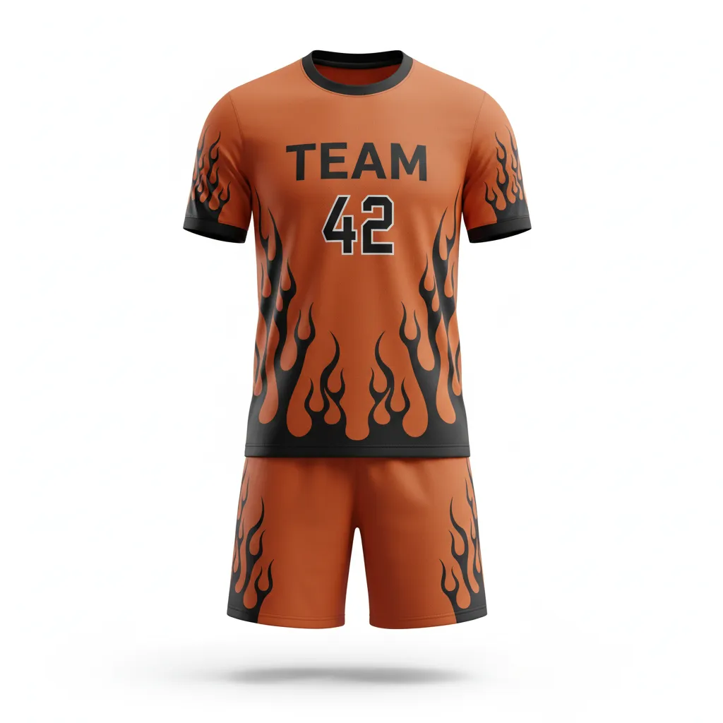 Custom Soccer Standard Soccer Uniform - Burnt, Orange, Black - Flame Accents - Front View - Kinexa Sportswear