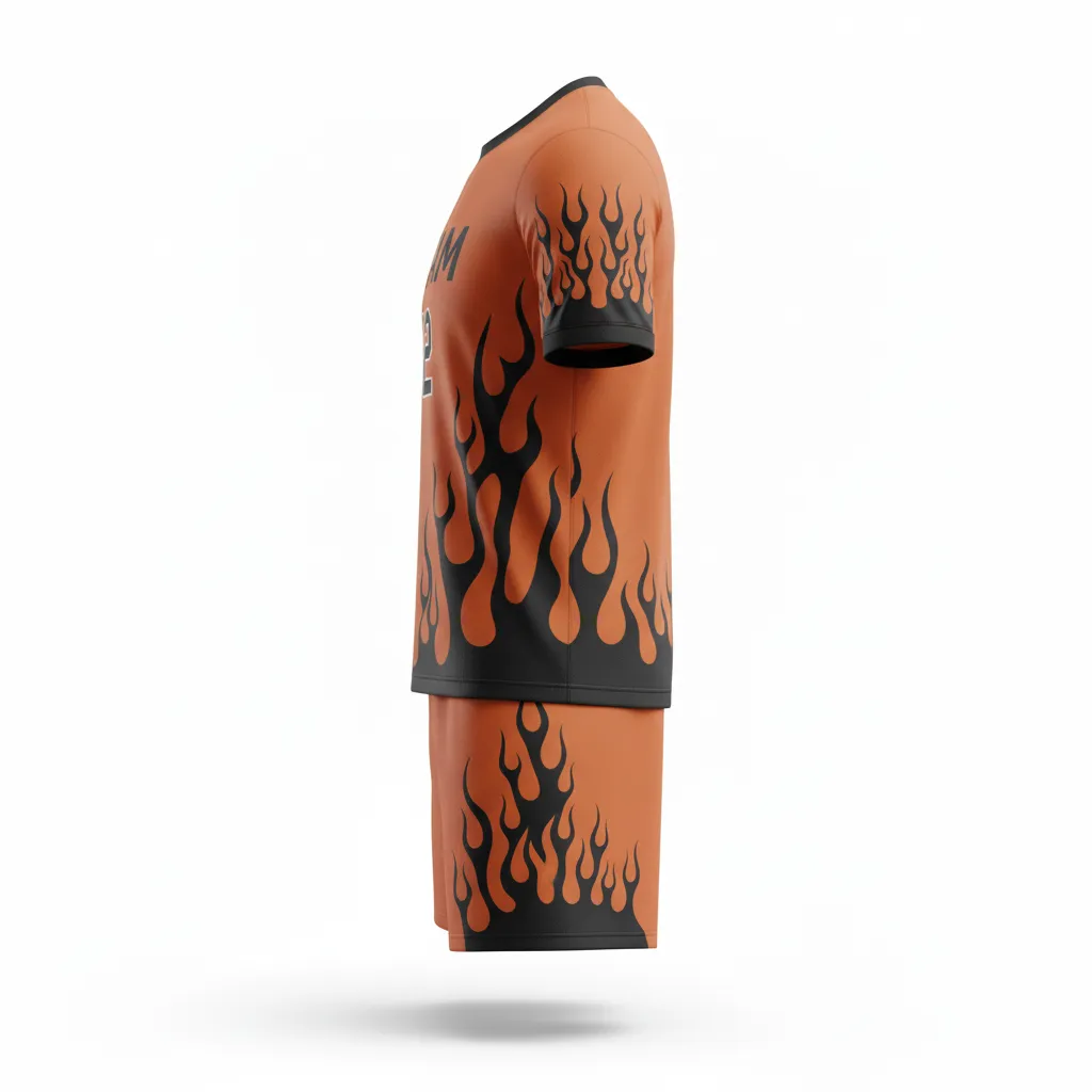 Custom Soccer Standard Soccer Uniform - Burnt, Orange, Black - Flame Accents - Side View - Kinexa Sportswear