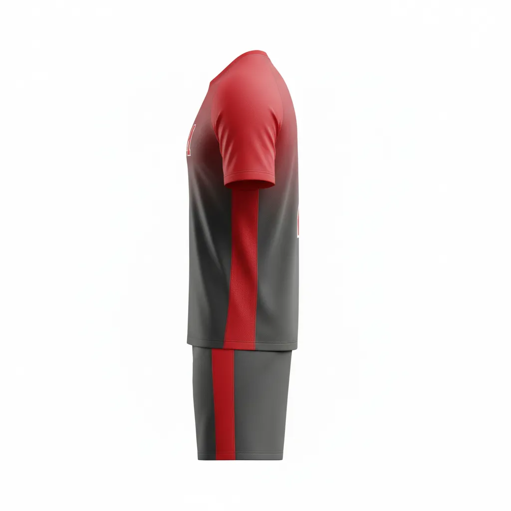 Custom Soccer Standard Soccer Uniform - Grey, Red - Charcoal Gradient Shoulders - Side View - Kinexa Sportswear
