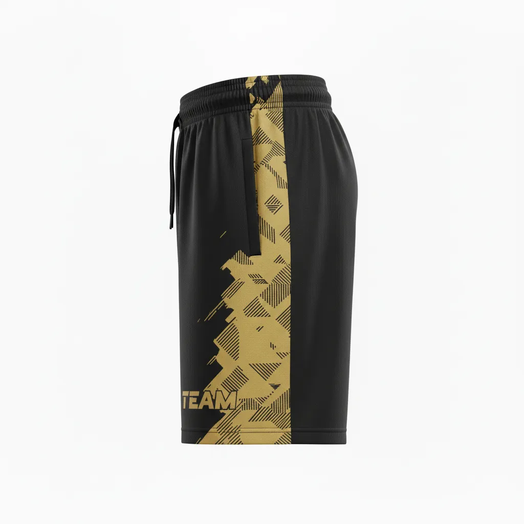 Custom Soccer Training Shorts - Black, Gold - Vegas Diagonal Accent - Side View - Kinexa Sportswear