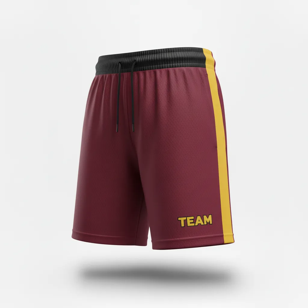Custom Soccer Training Shorts - Burgundy, Gold - Diagonal Accent - Front View - Kinexa Sportswear