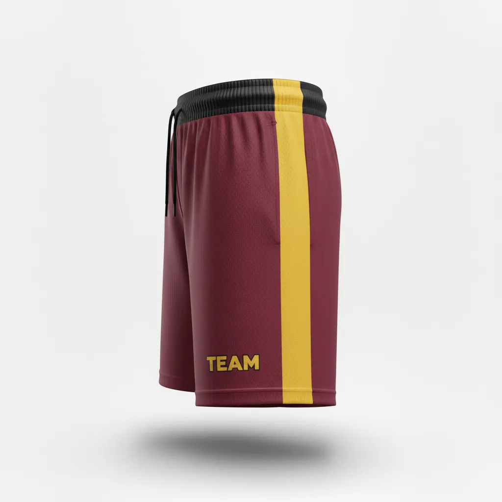 Custom Soccer Training Shorts - Burgundy, Gold - Diagonal Accent - Side View - Kinexa Sportswear