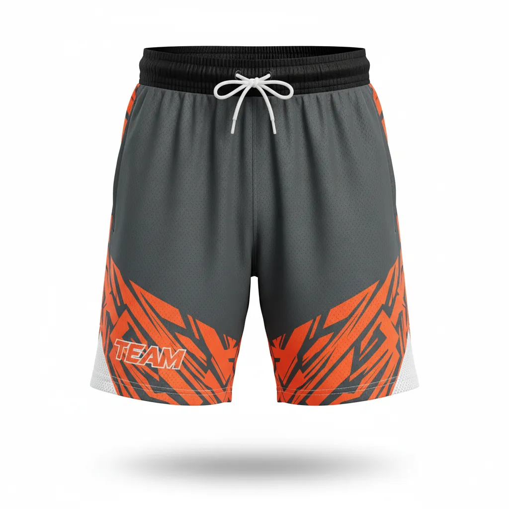 Custom Soccer Training Shorts - Orange - Charcoal Neon Geometric - Front View - Kinexa Sportswear