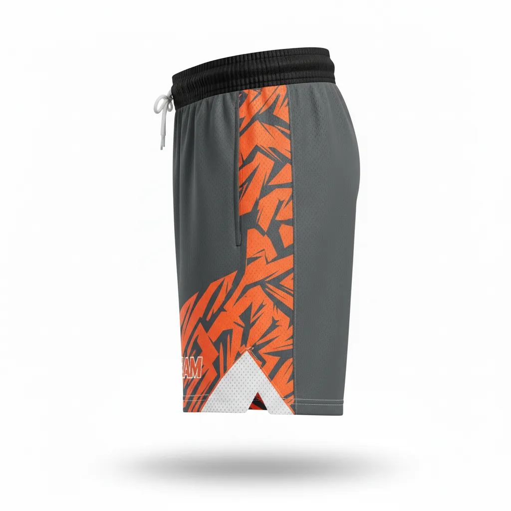 Custom Soccer Training Shorts - Orange - Charcoal Neon Geometric - Side View - Kinexa Sportswear