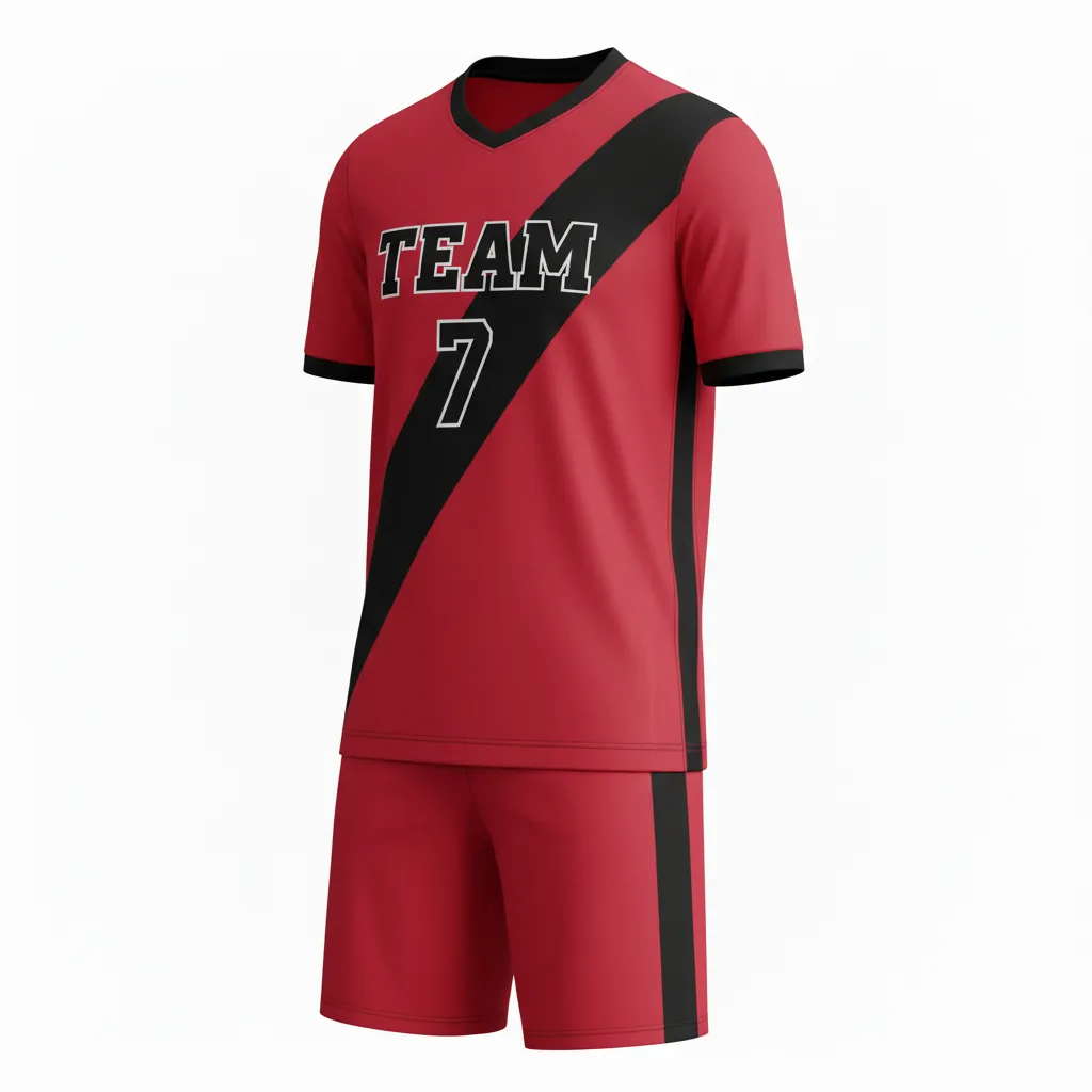 Custom Soccer V Neck Soccer Uniform - Red, Black - Athletic Diagonal Sash - Front View - Kinexa Sportswear