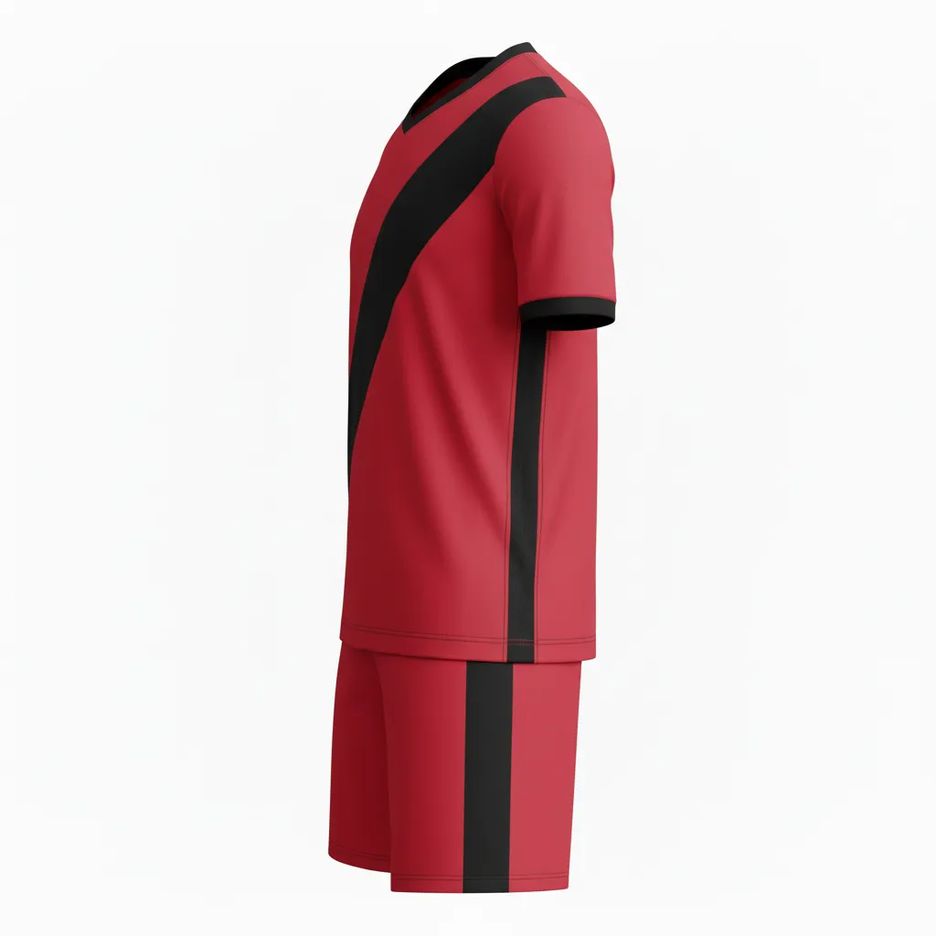 Custom Soccer V Neck Soccer Uniform - Red, Black - Athletic Diagonal Sash - Side View - Kinexa Sportswear