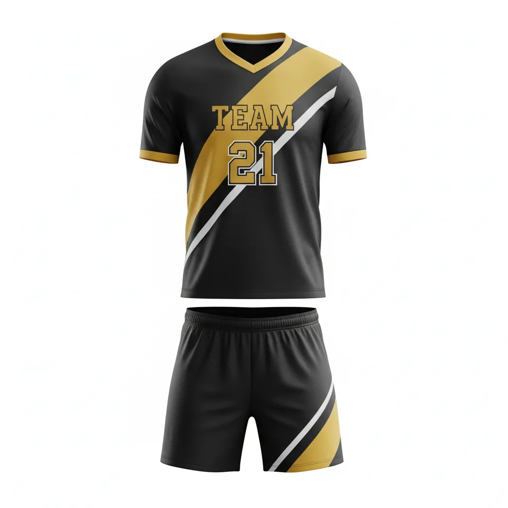 Custom Soccer V Neck Soccer Uniform - Black, Gold, White - Vegas Slash - Front View - Kinexa Sportswear