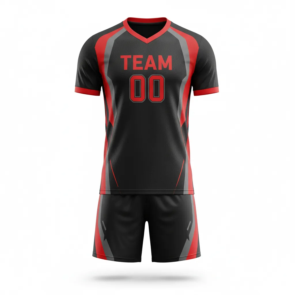 Custom Soccer V Neck Soccer Uniform - Black, Red, Grey - Modern Geometric - Front View - Kinexa Sportswear