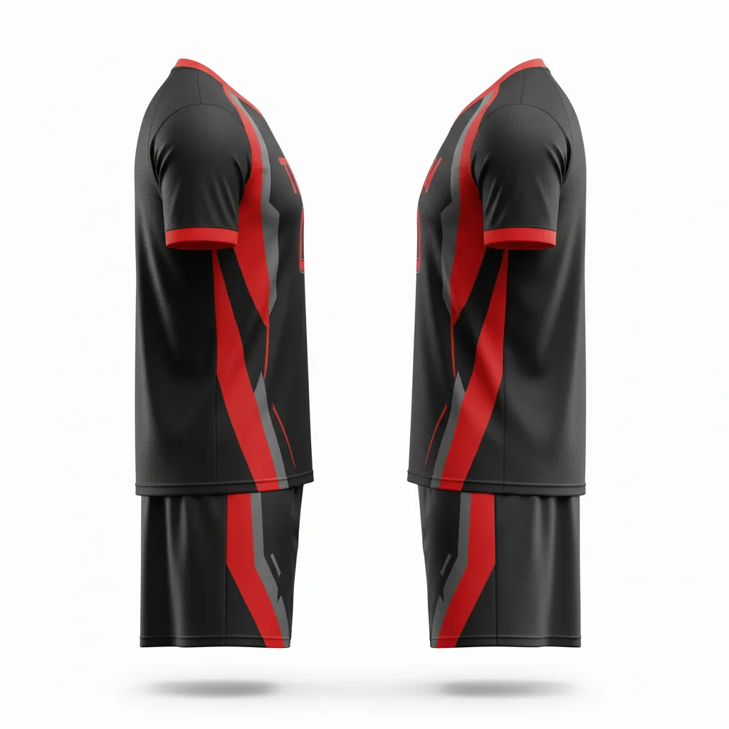Custom Soccer V Neck Soccer Uniform - Black, Red, Grey - Modern Geometric - Side View - Kinexa Sportswear