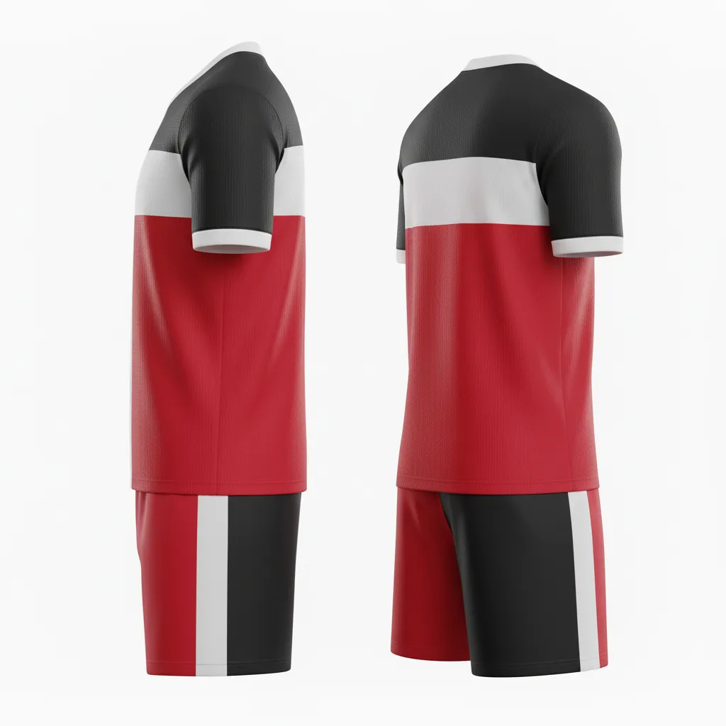 Custom Soccer V Neck Soccer Uniform - Black, Red, White - Split Halves - Back View - Kinexa Sportswear