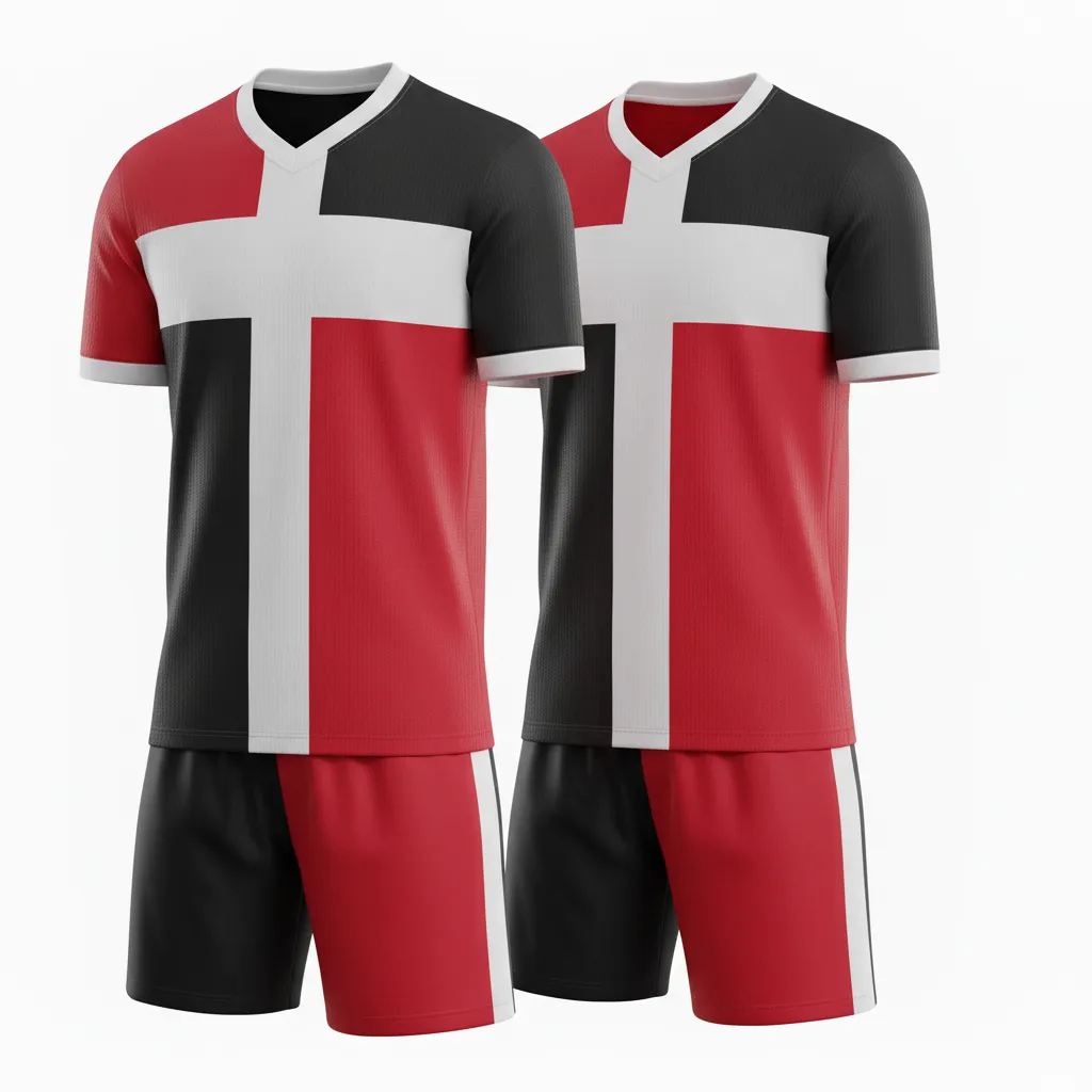 Custom Soccer V Neck Soccer Uniform - Black, Red, White - Split Halves - Front View - Kinexa Sportswear
