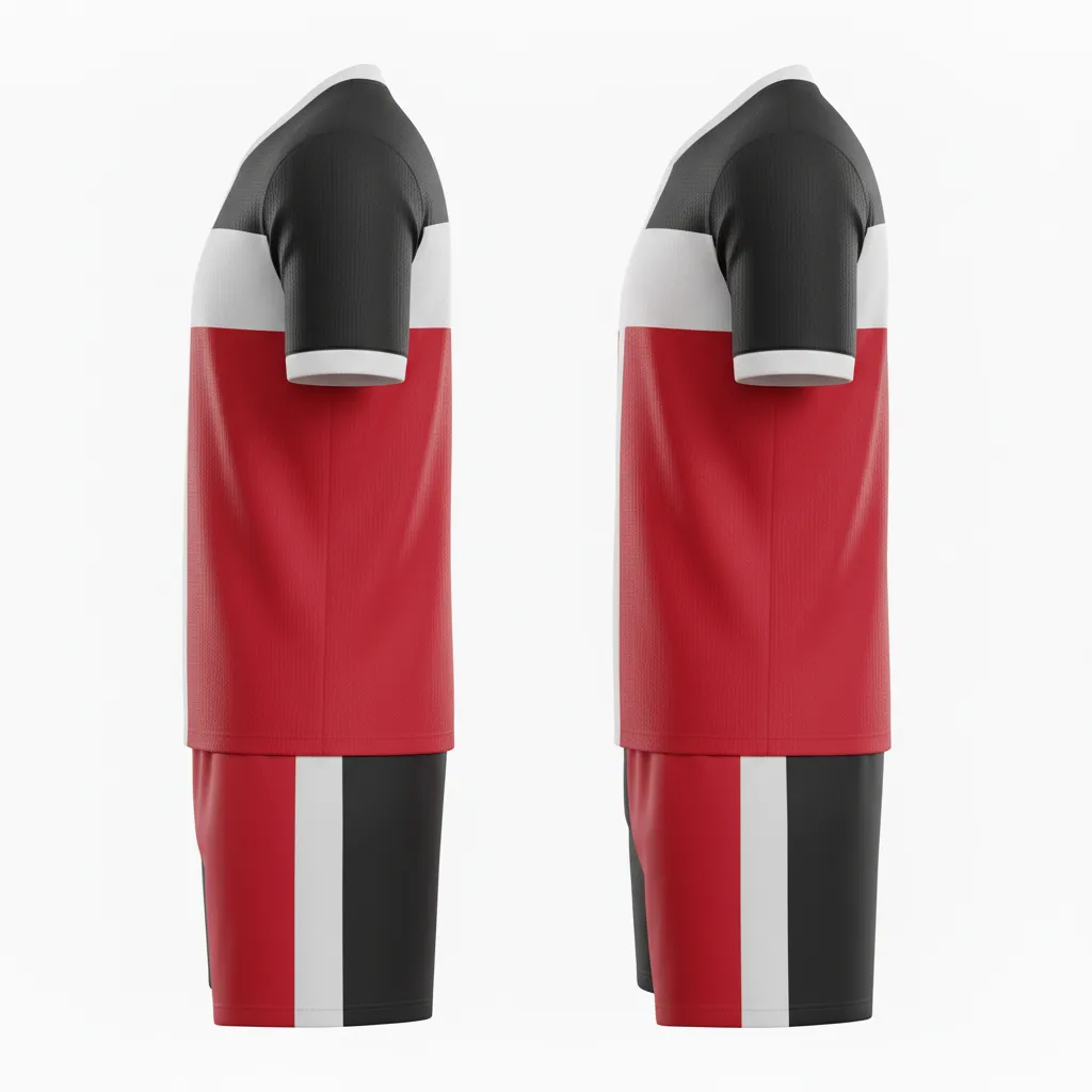 Custom Soccer V Neck Soccer Uniform - Black, Red, White - Split Halves - Side View - Kinexa Sportswear