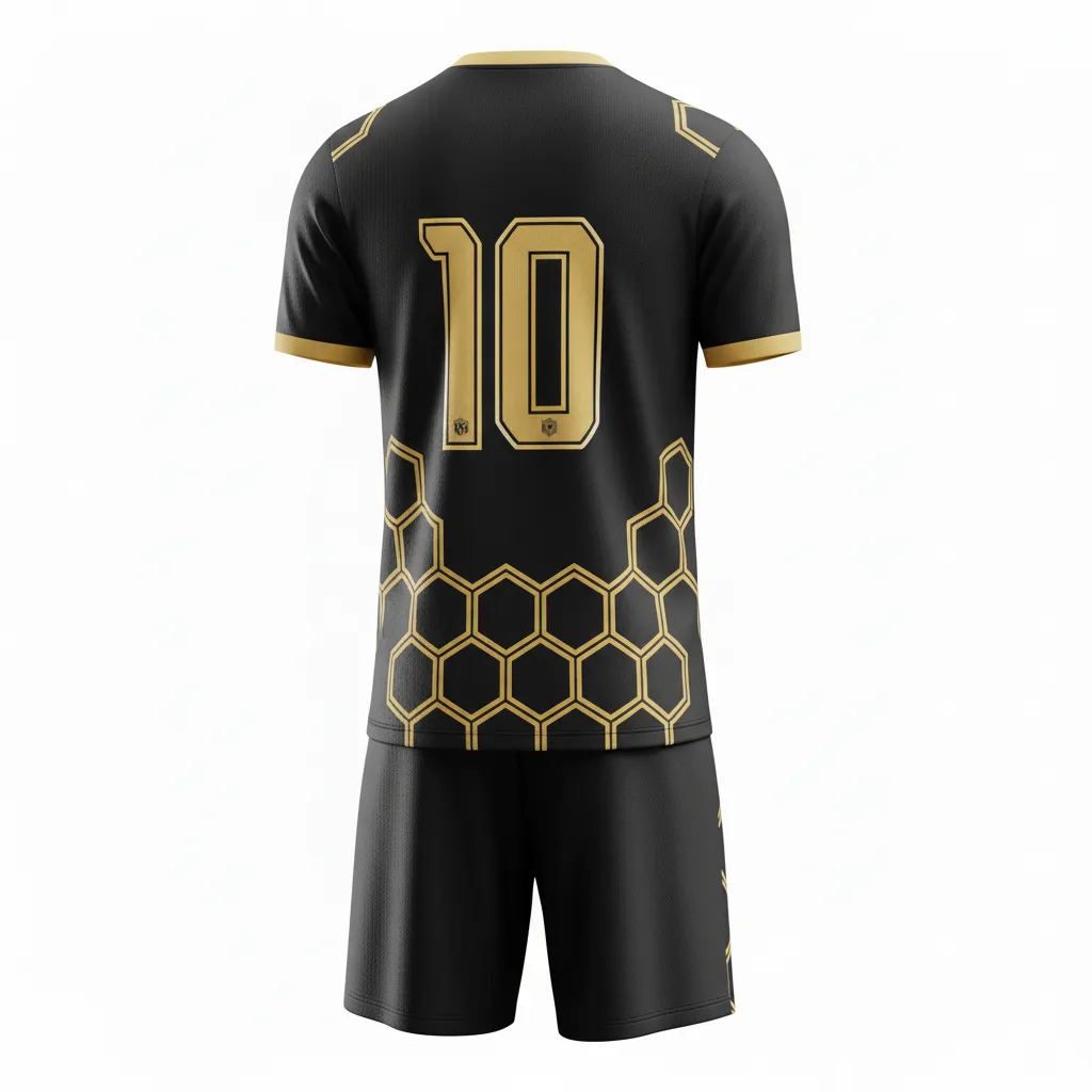 Custom Soccer V Neck Soccer Uniform - Black, Gold - Vegas Geometric Hexagons - Back View - Kinexa Sportswear