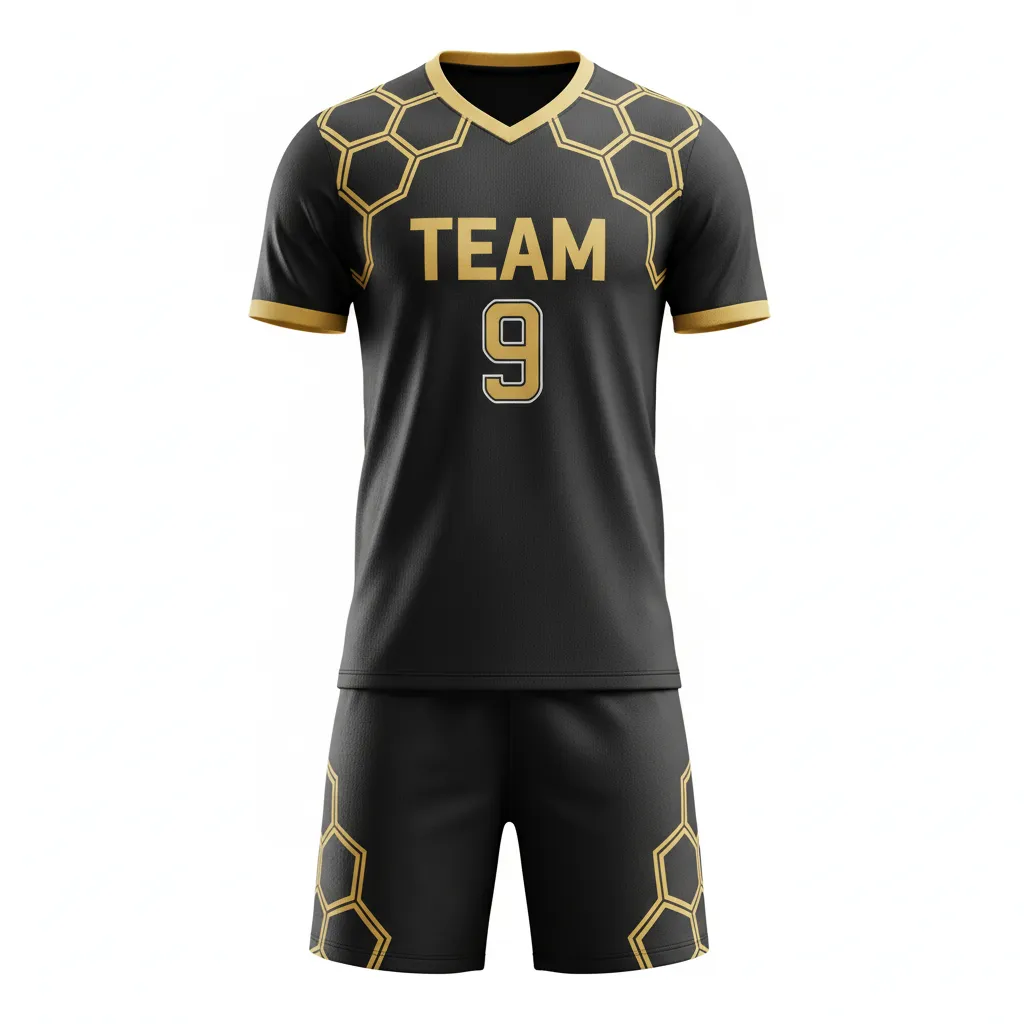 Custom Soccer V Neck Soccer Uniform - Black, Gold - Vegas Geometric Hexagons - Front View - Kinexa Sportswear