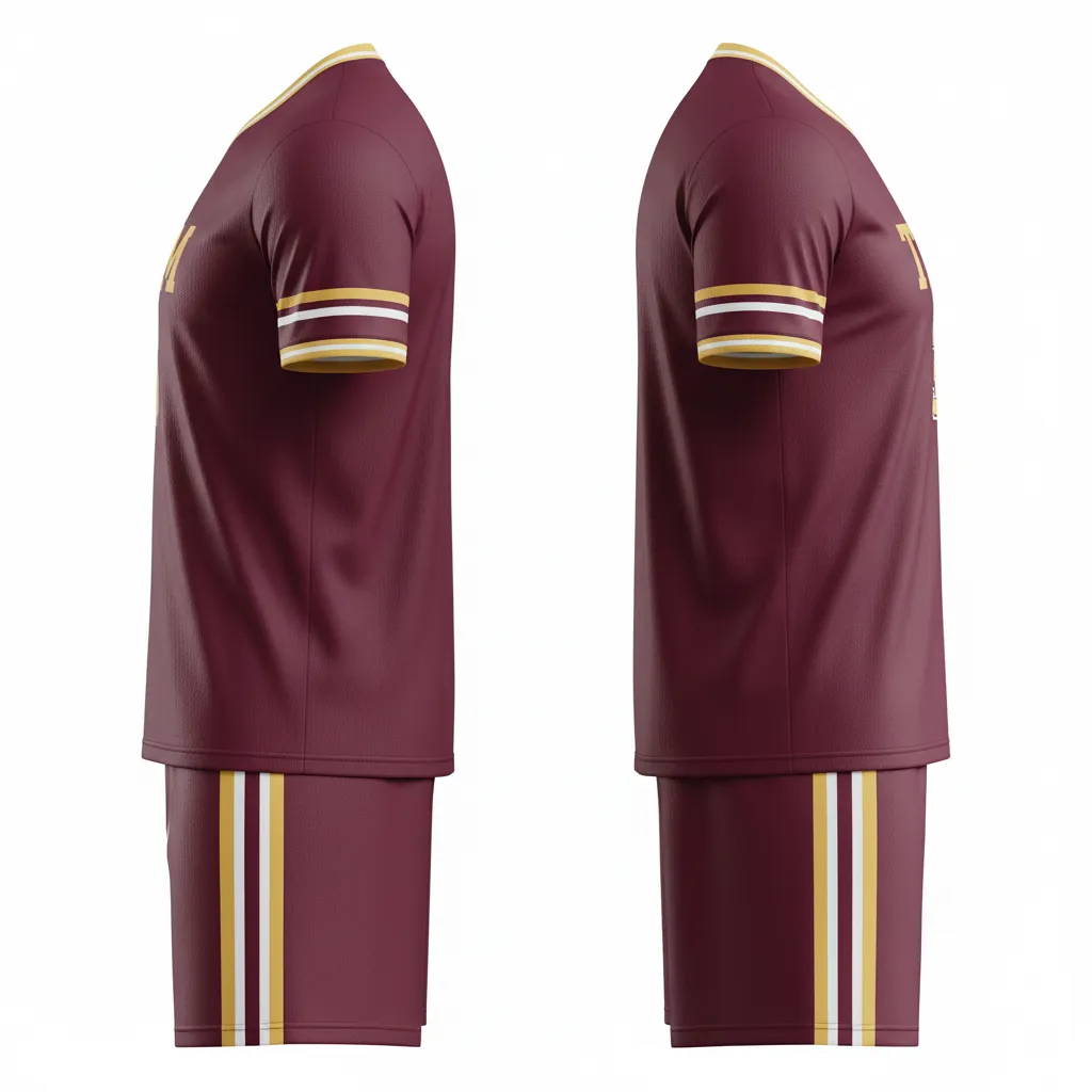 Custom Soccer V Neck Soccer Uniform - Burgundy, Gold, White - Elegant - Side View - Kinexa Sportswear