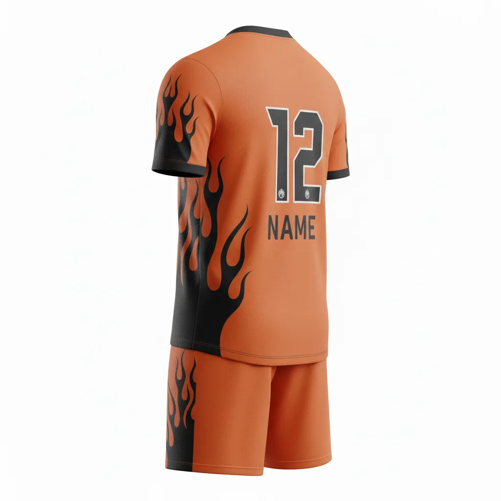 Custom Soccer V Neck Soccer Uniform - Burnt, Orange, Black - Flame Graphics - Back View - Kinexa Sportswear