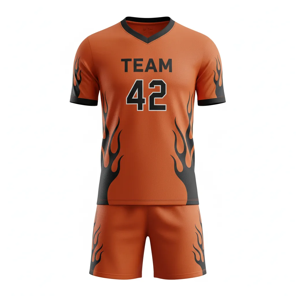 Custom Soccer V Neck Soccer Uniform - Burnt, Orange, Black - Flame Graphics - Front View - Kinexa Sportswear
