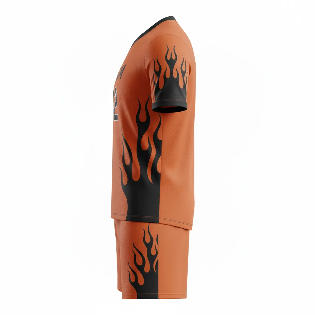 Custom Soccer V Neck Soccer Uniform - Burnt, Orange, Black - Flame Graphics - Side View - Kinexa Sportswear