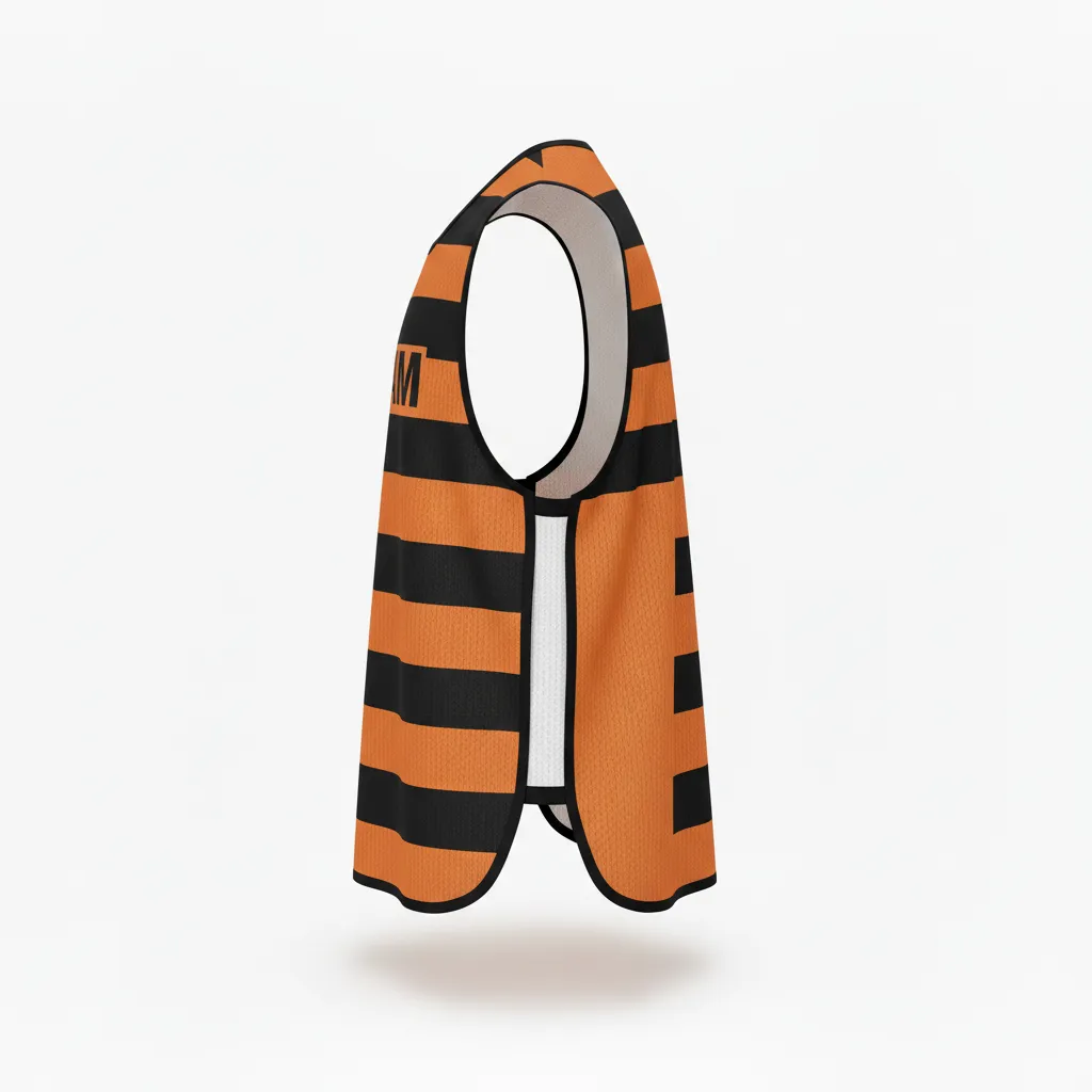 Custom Soccer Warmup Bib - Burnt, Orange, Black - Horizontal Stripes - Side View - Kinexa Sportswear