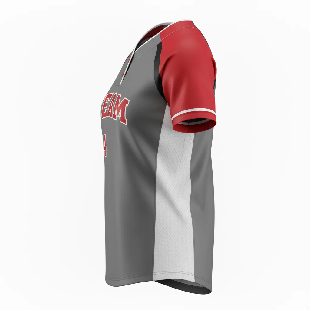 Custom Softball 2 Button Softball Jersey - Custom Design - Twobuttonjersey Charcoalredwhite - Side View - Kinexa Sportswear