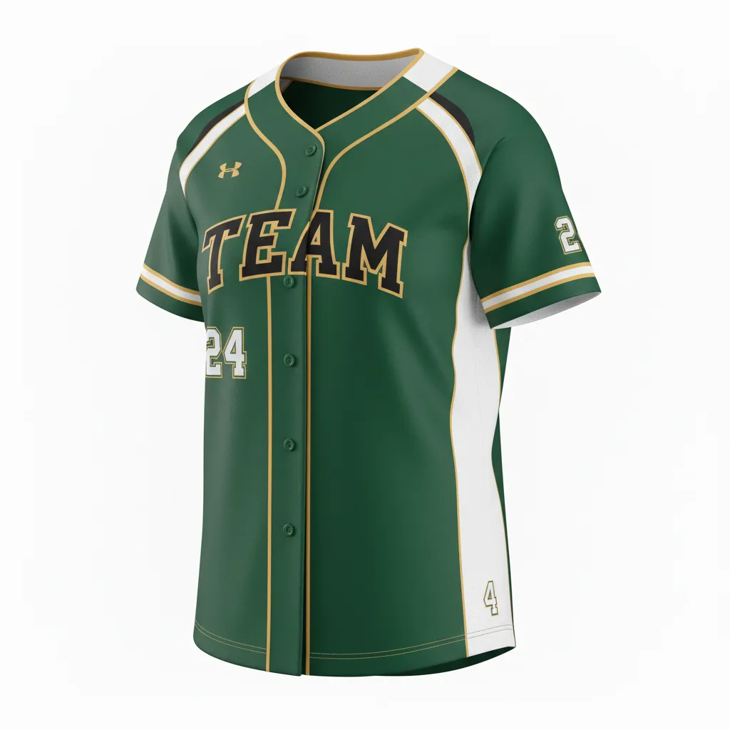 Custom Softball 2 Button Softball Jersey - Custom Design - Twobuttonjersey Forestblackgold - Front View - Kinexa Sportswear