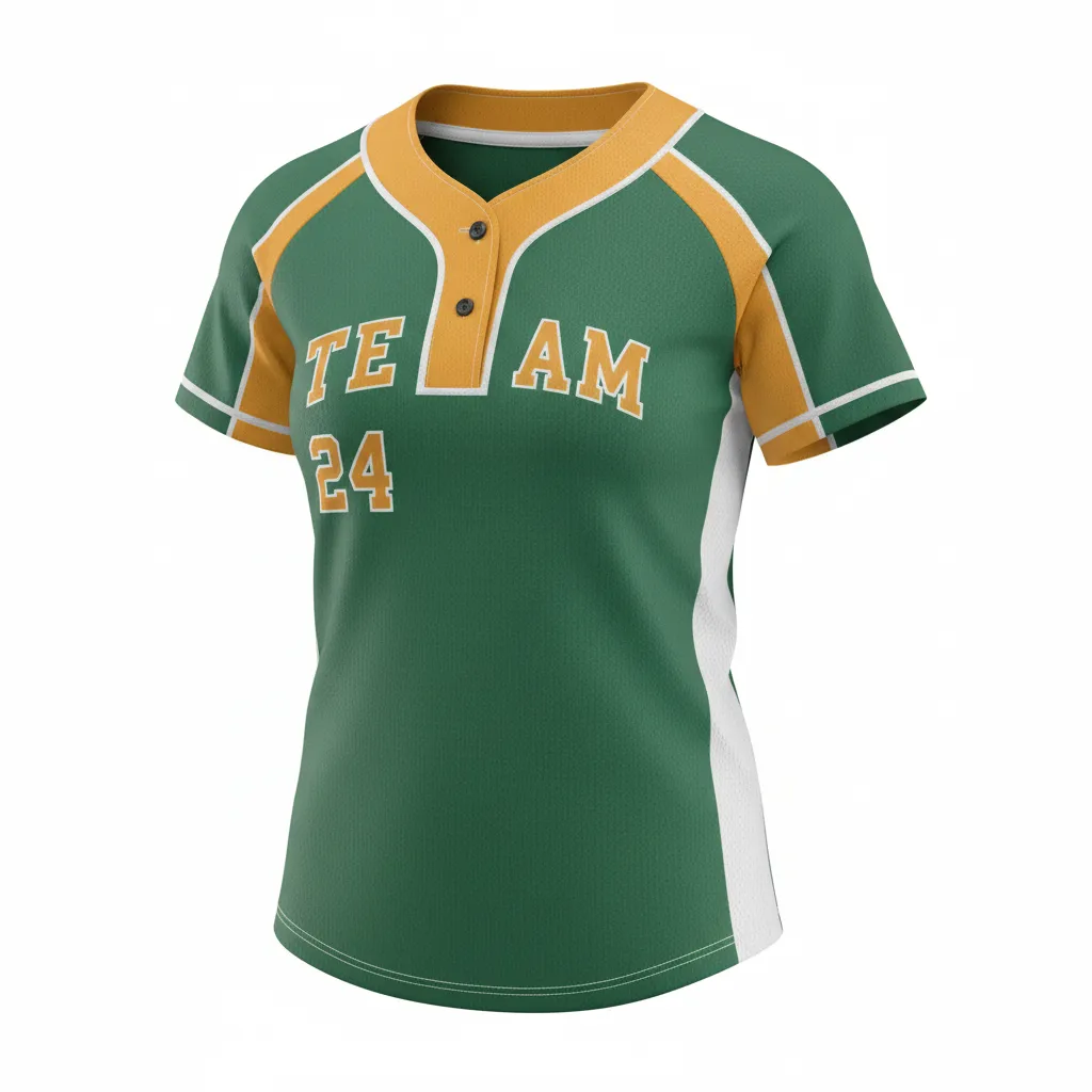 Custom Softball 2 Button Softball Jersey - Custom Design - Twobuttonjersey Forestgoldwhite - Front View - Kinexa Sportswear