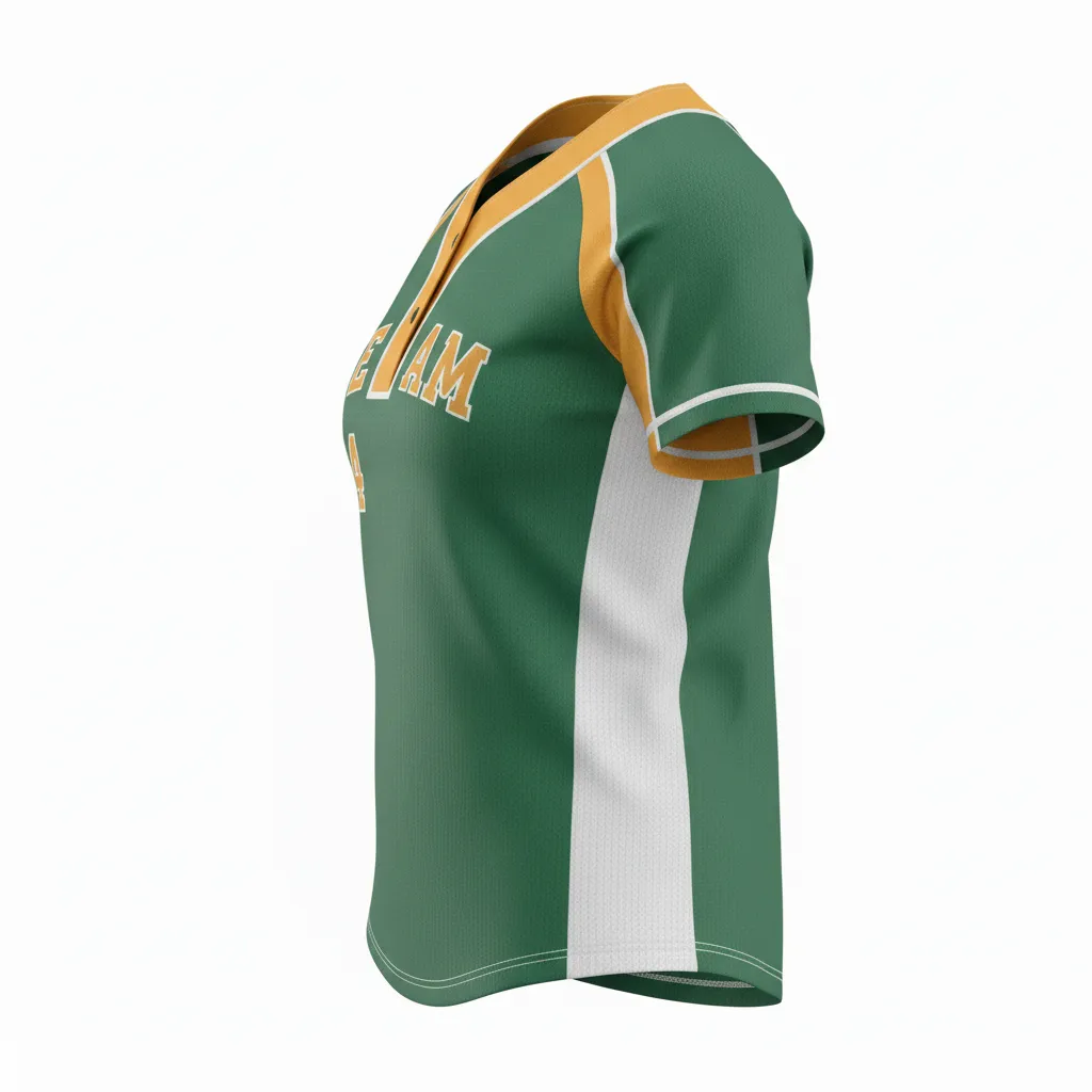 Custom Softball 2 Button Softball Jersey - Custom Design - Twobuttonjersey Forestgoldwhite - Side View - Kinexa Sportswear