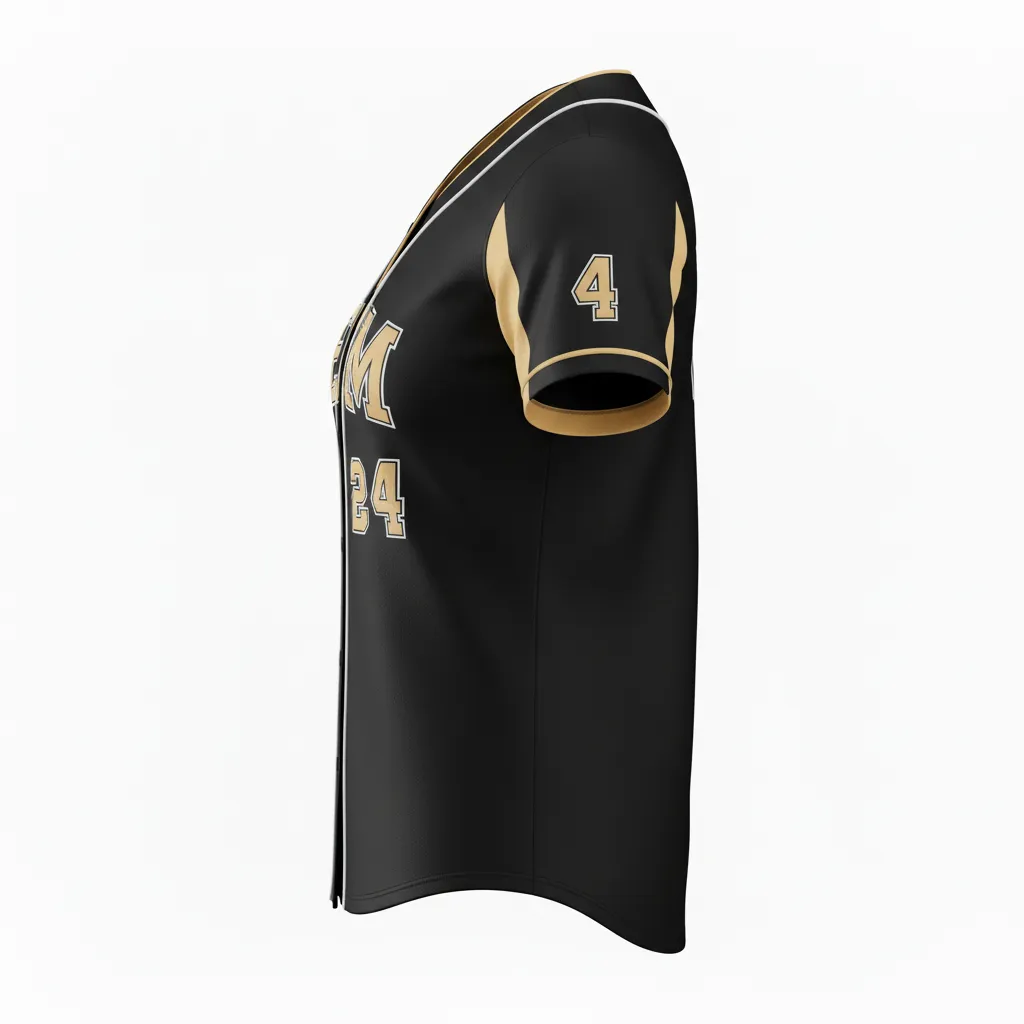 Custom Softball Full Button Softball Jersey - Custom Design - Fullbuttonjersey Blackgoldwhite - Side View - Kinexa Sportswear