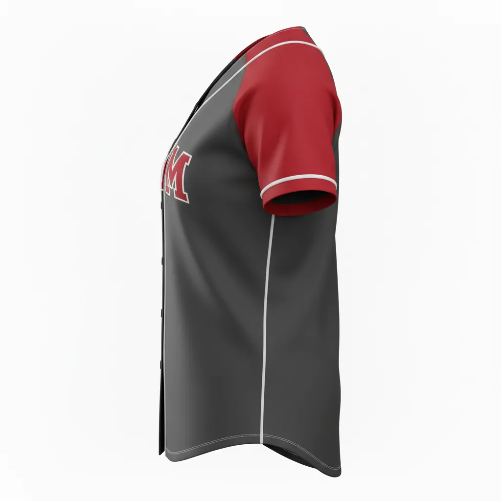 Custom Softball Full Button Softball Jersey - Custom Design - Fullbuttonjersey Charcoalredwhite - Side View - Kinexa Sportswear
