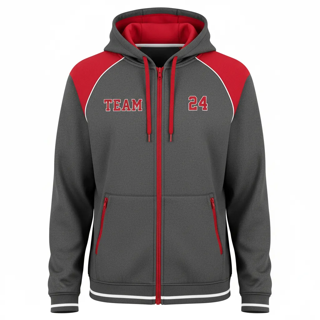 Custom Softball Full Zip Hoodie - Custom Design - Fullziphoodie Charcoalredwhite - Front View - Kinexa Sportswear