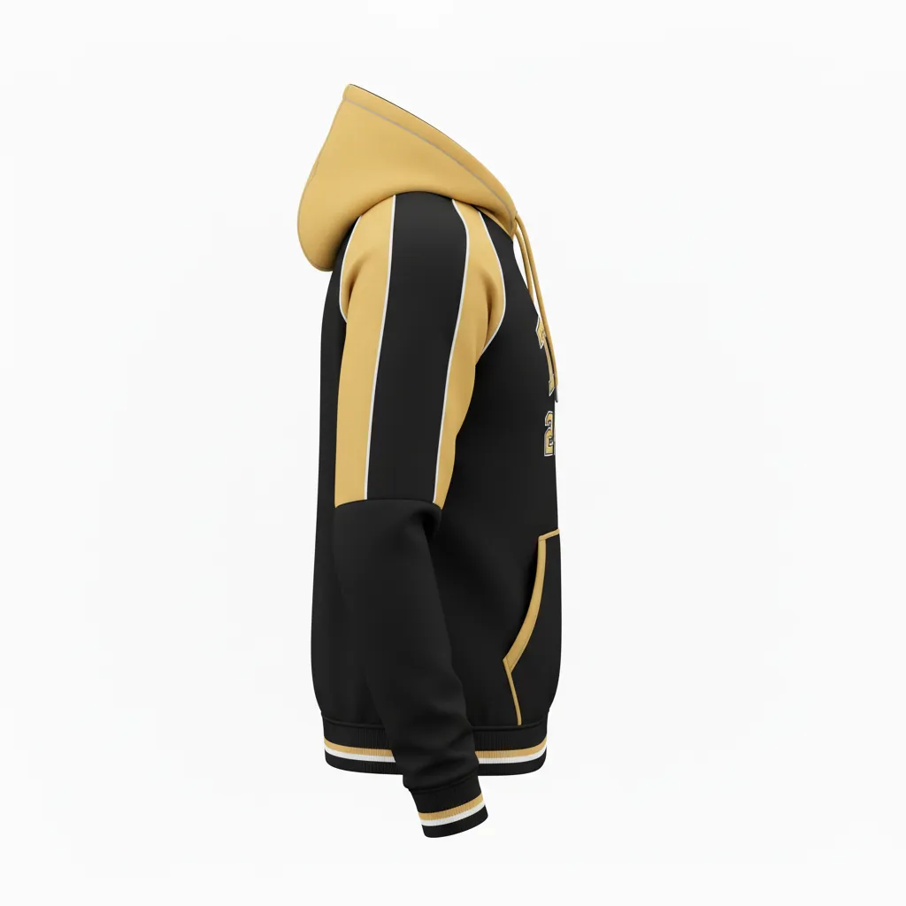 Custom Softball Pullover Hoodie - Custom Design - Pulloverhoodie Blackgoldwhite - Side View - Kinexa Sportswear
