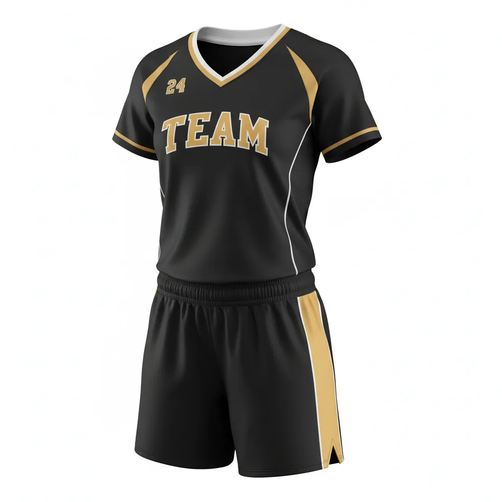 Custom Softball V Neck Softball Uniform - Custom Design - Vneckuniform Blackgoldwhite - Front View - Kinexa Sportswear