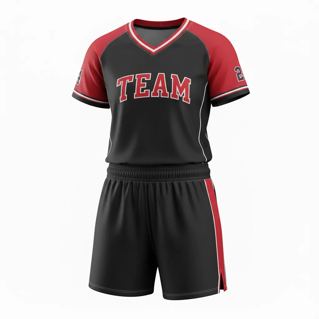 Custom Softball V Neck Softball Uniform - Custom Design - Vneckuniform Blackredwhite - Front View - Kinexa Sportswear
