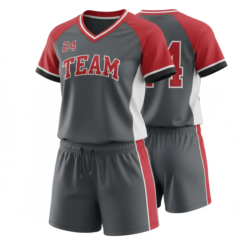 Custom Softball V Neck Softball Uniform - Custom Design - Vneckuniform Charcoalredwhite - Front View - Kinexa Sportswear